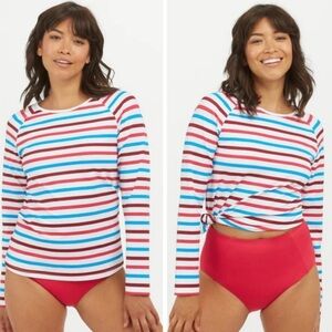 Spanx Women's Swim Shirt Ocean Stripe Hibiscus Long Sleeve Top NWT